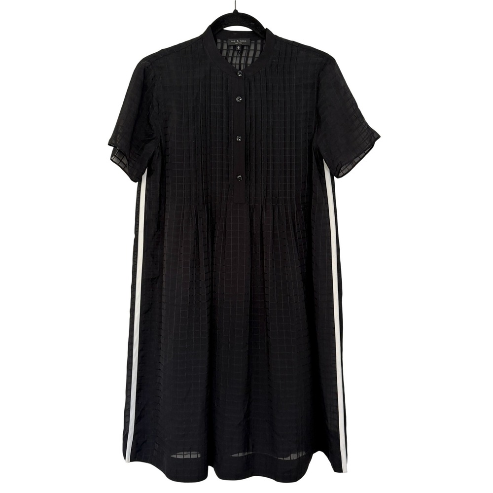 Rag & Bone Marcela Windowpane Silk Dress Black Pintuck Mini Side Stripe Size S
